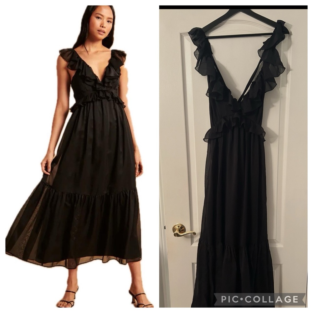 Abercrombie & Fitch Black Ruffle Midi Dress - Drama Ruffle Dress